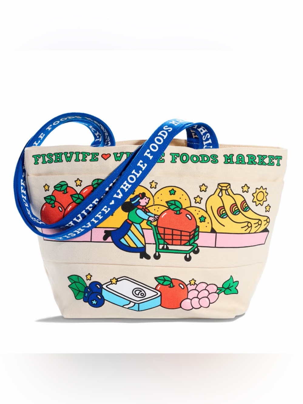 Whole Foods Market Fishwife Canvas Tote Bag in Natural with Blue Handles - Picture 2 of 11